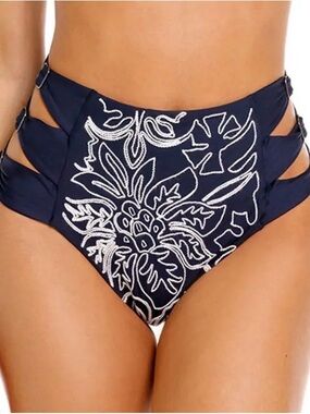 Agua Bendita Navy High-Waist Bikini Bottom with White Floral Embroidery